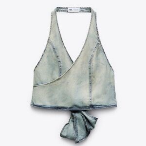 Zara Faded Jean Halter Tie Back Crop